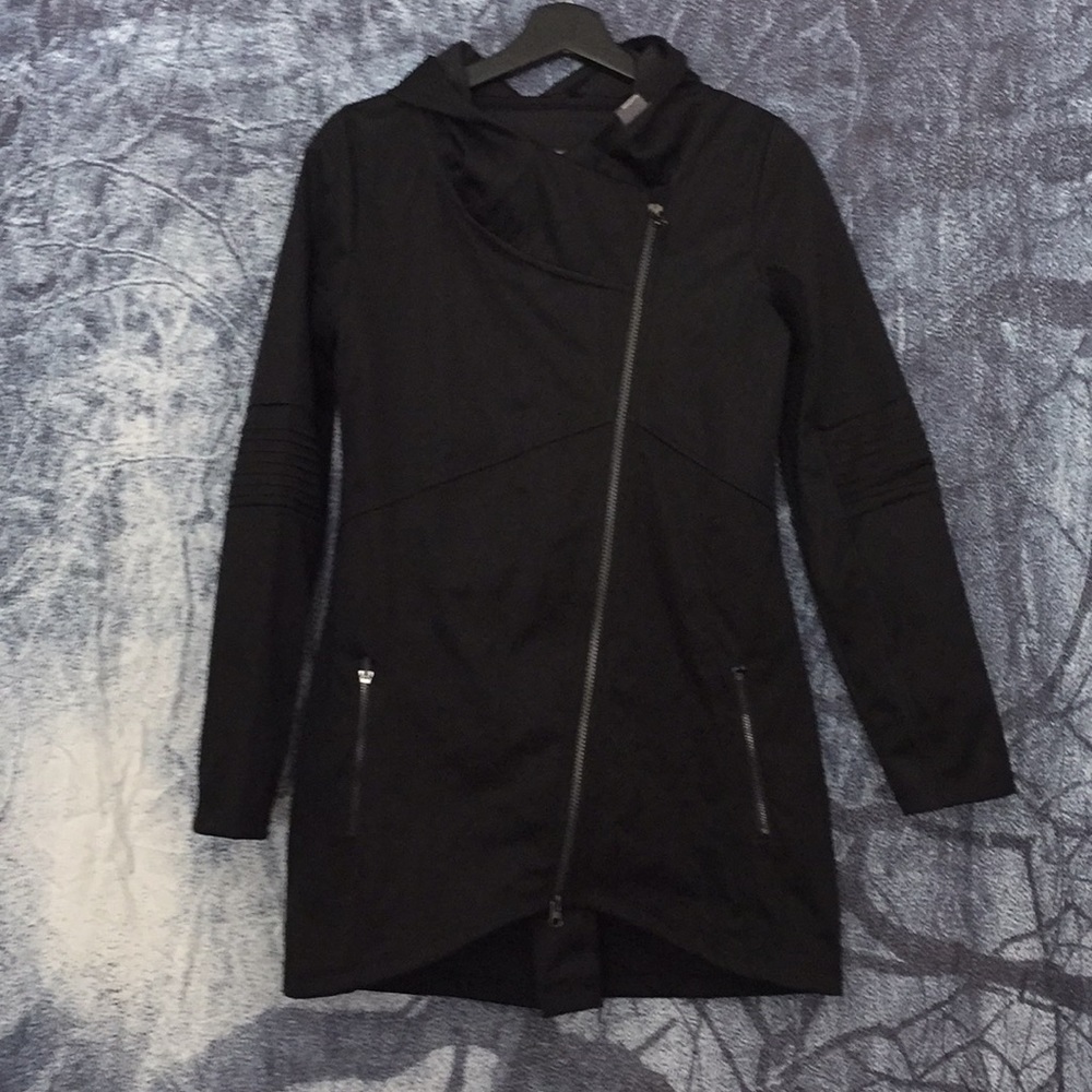 Mondetta asymmetrical zipper moto rain jacket.